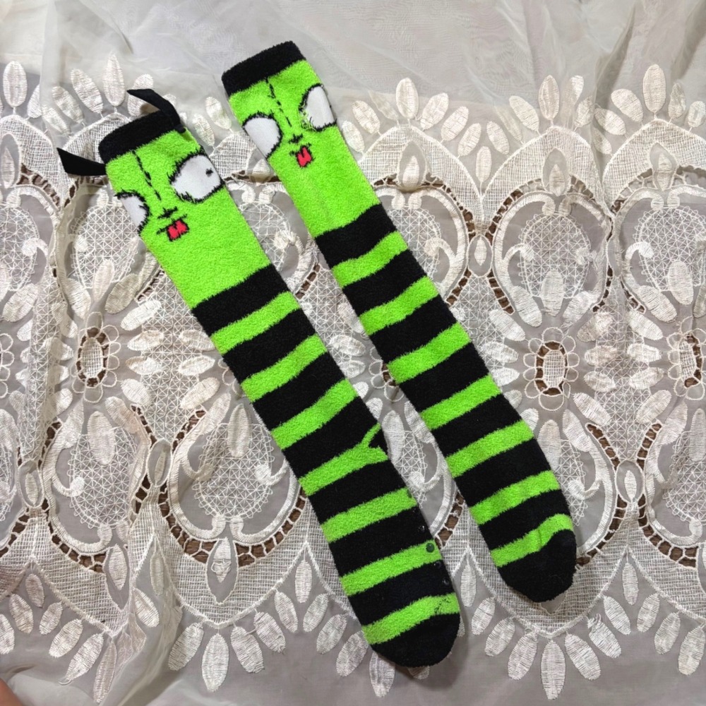 Invader Zim Gir Neon Green Black Striped Fuzzy Knee High Socks Viacom 2022 Emo